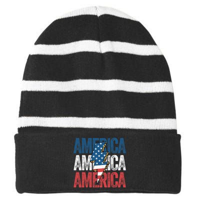 America Cheetah Leopard Lightning Bolt 4th Of July Striped Beanie with Solid Band