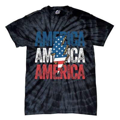 America Cheetah Leopard Lightning Bolt 4th Of July Tie-Dye T-Shirt