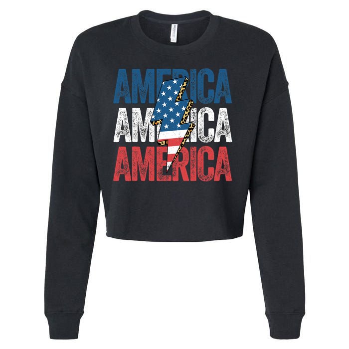 America Cheetah Leopard Lightning Bolt 4th Of July Cropped Pullover Crew