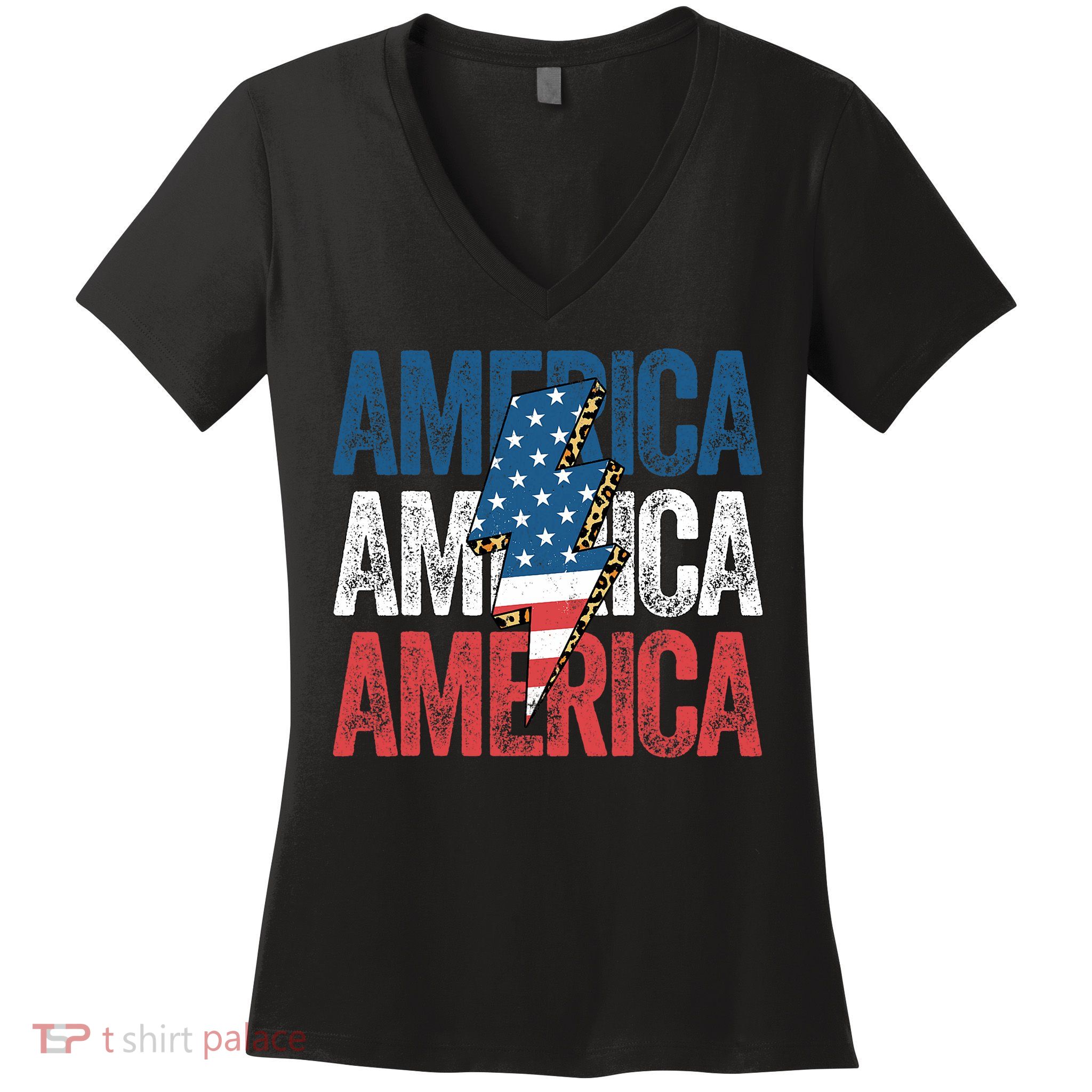 America Cheetah Leopard Lightning Bolt 4th Of July Women's V-Neck T-Shirt