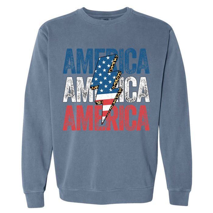 America Cheetah Leopard Lightning Bolt 4th Of July Garment-Dyed Sweatshirt