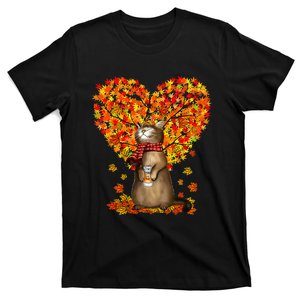 Autumn Cat Lover Celebrating Thanksgiving with Falling Leaves T-Shirt