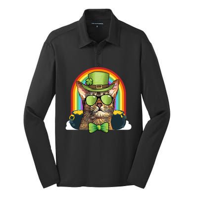 Abyssinian Cat Leprechaun Funny St Patricks Day Funny Gift Silk Touch Performance Long Sleeve Polo