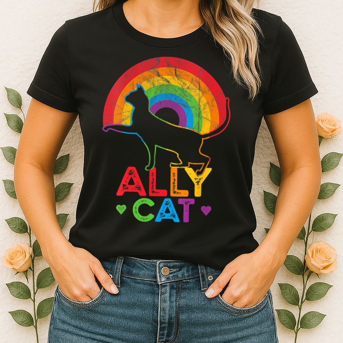 Ally Cat LGBT Pride Ally Cat With Rainbow Womens T-Shirt