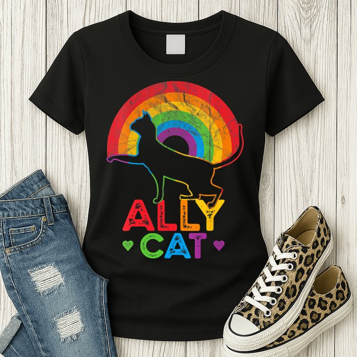 Ally Cat LGBT Pride Ally Cat With Rainbow Womens T-Shirt