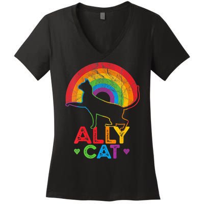Ally Cat LGBT Pride Ally Cat With Rainbow Women's V-Neck T-Shirt