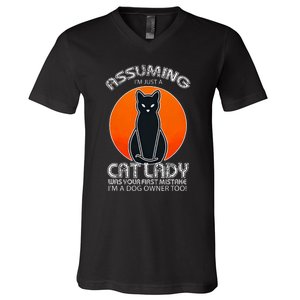 Assuming Cat Lady Halloween Dog And Black Cat Owners V-Neck T-Shirt