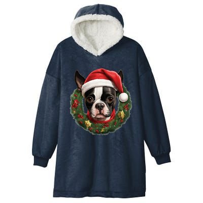 Amazing Christmas Light Xmas Santa Ho Dog Boston Terrier Gift Hooded Wearable Blanket