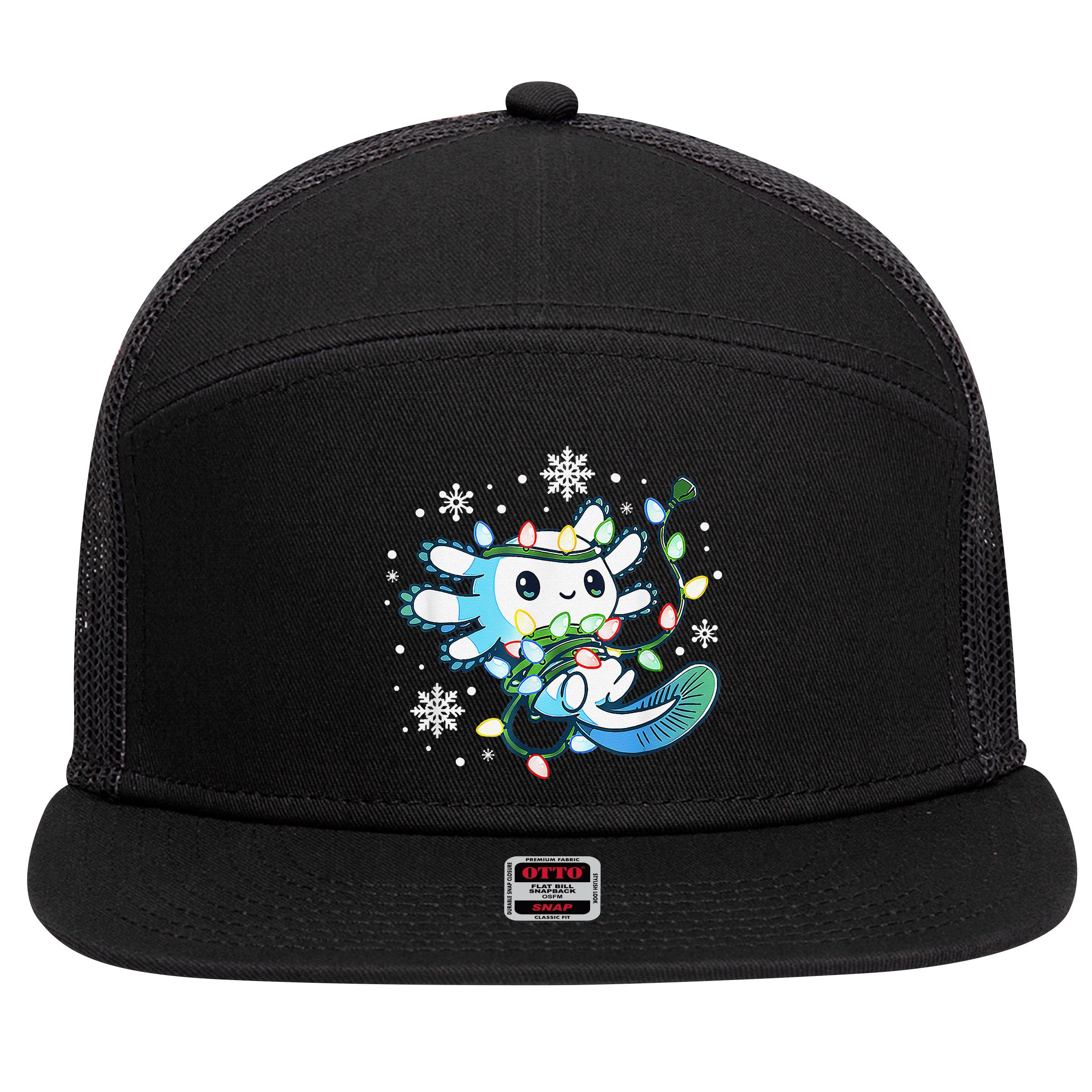 Axolotl Christmas Lights Xmas Tree Pajamas 7 Panel Mesh Trucker Snapback Hat