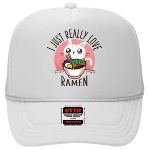 Anime Cat Love Ramen Japanese Noodles Kawaii High Crown Mesh Back Trucker Hat