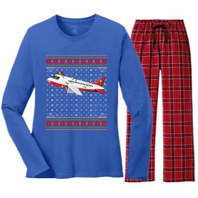 Airplane Christmas Lights Ugly Sweater Santa Airplane Xmas Funny Gift Women's Long Sleeve Flannel Pajama Set 