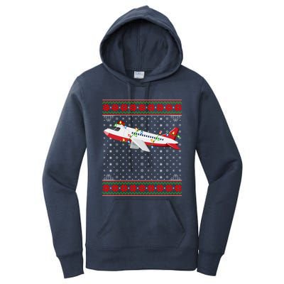 Airplane Christmas Lights Ugly Sweater Santa Airplane Xmas Funny Gift Women's Pullover Hoodie