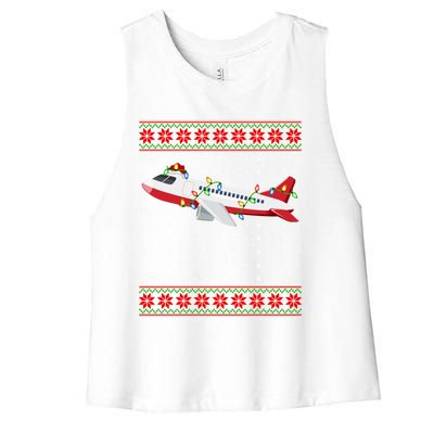 Airplane Christmas Lights Ugly Sweater Santa Airplane Xmas Funny Gift Women's Racerback Cropped Tank