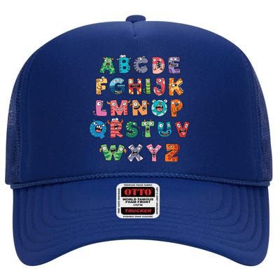 Abc Cute Monster Alphabet Halloween Teacher Costume High Crown Mesh Back Trucker Hat