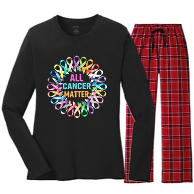 All Cancer Matter Colorful Ribbons Cancer Awareness Women's Long Sleeve Flannel Pajama Set 