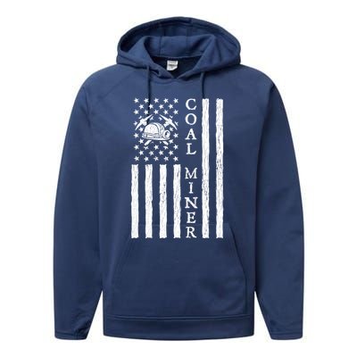 American Coal Miner Usa Flag Funny Mining Miner Gift Performance Fleece Hoodie