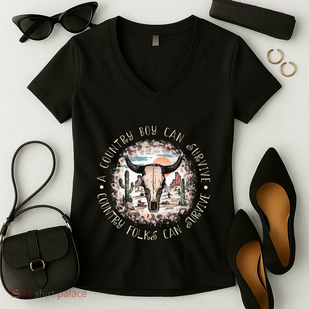 A Country Music Boy Can Survive Country Folks Can Survive Women's V-Neck T-Shirt