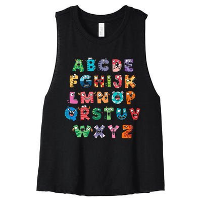 ABC Cute Monster Alphabet Halloween Teacher Costume Kids Women's Racerback Cropped Tank