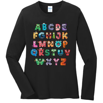 ABC Cute Monster Alphabet Halloween Teacher Costume Kids Ladies Long Sleeve Shirt