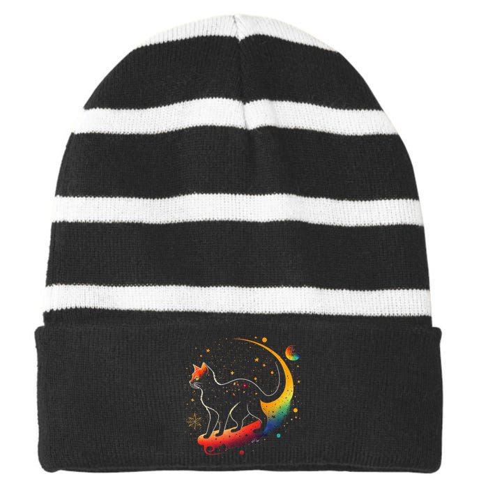 Astronaut Cat or Funny Galaxy Cat on Space Cat Lover Striped Beanie with Solid Band