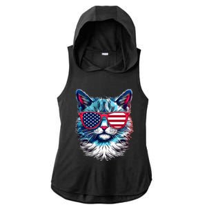 American Cat Patriotic Sunglasses Usa Flag 4th Of July Cat Graphic Ladies PosiCharge Tri-Blend Wicking Draft Hoodie Tank