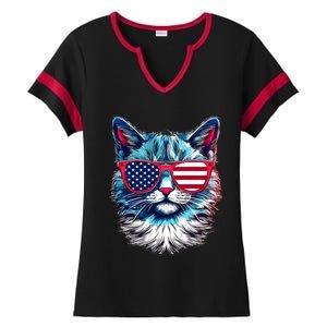 American Cat Patriotic Sunglasses Usa Flag 4th Of July Cat Graphic Ladies Halftime Notch Neck Tee