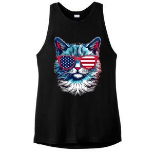 American Cat Patriotic Sunglasses Usa Flag 4th Of July Cat Graphic Ladies PosiCharge Tri-Blend Wicking Tank