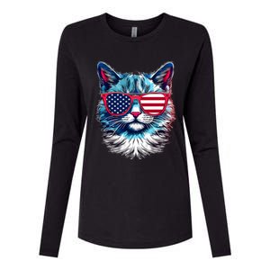 American Cat Patriotic Sunglasses Usa Flag 4th Of July Cat Graphic Womens Cotton Relaxed Long Sleeve T-Shirt