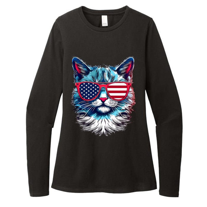 American Cat Patriotic Sunglasses Usa Flag 4th Of July Cat Graphic Womens CVC Long Sleeve Shirt