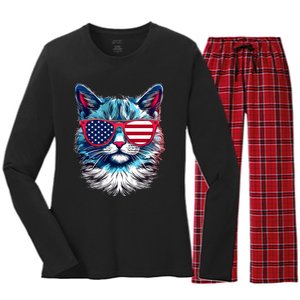 American Cat Patriotic Sunglasses Usa Flag 4th Of July Cat Graphic Women's Long Sleeve Flannel Pajama Set 