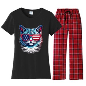 American Cat Patriotic Sunglasses Usa Flag 4th Of July Cat Graphic Women's Flannel Pajama Set