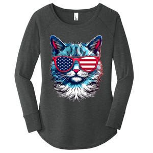 American Cat Patriotic Sunglasses Usa Flag 4th Of July Cat Graphic Women's Perfect Tri Tunic Long Sleeve Shirt