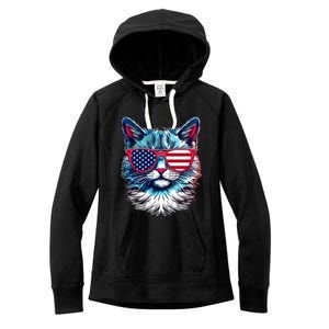 American Cat Patriotic Sunglasses Usa Flag 4th Of July Cat Graphic Women's Fleece Hoodie