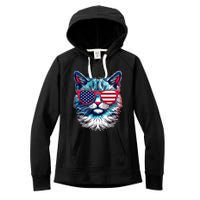 American Cat Patriotic Sunglasses Usa Flag 4th Of July Cat Graphic Women's Fleece Hoodie