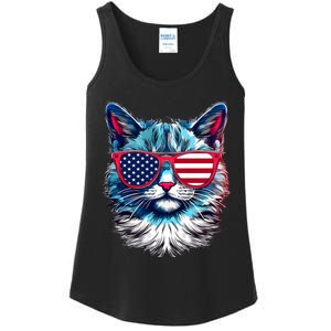 American Cat Patriotic Sunglasses Usa Flag 4th Of July Cat Graphic Ladies Essential Tank