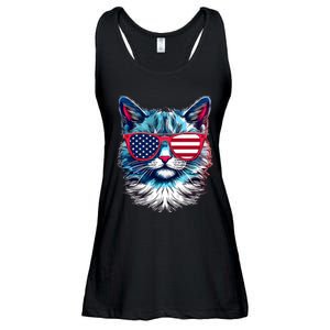 American Cat Patriotic Sunglasses Usa Flag 4th Of July Cat Graphic Ladies Essential Flowy Tank