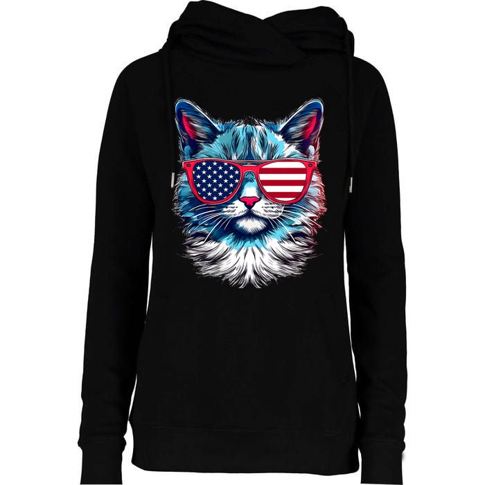 American Cat Patriotic Sunglasses Usa Flag 4th Of July Cat Graphic Womens Funnel Neck Pullover Hood