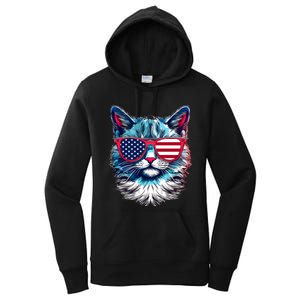 American Cat Patriotic Sunglasses Usa Flag 4th Of July Cat Graphic Women's Pullover Hoodie