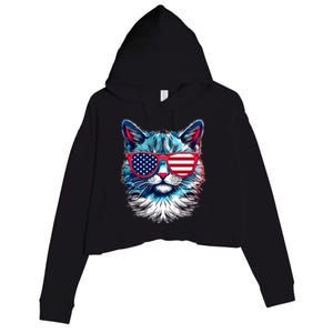 American Cat Patriotic Sunglasses Usa Flag 4th Of July Cat Graphic Crop Fleece Hoodie