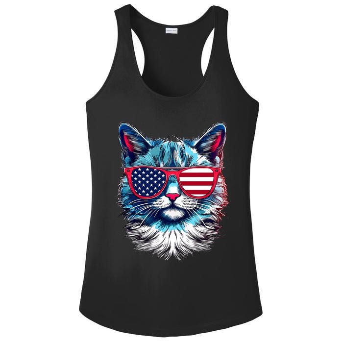 American Cat Patriotic Sunglasses Usa Flag 4th Of July Cat Graphic Ladies PosiCharge Competitor Racerback Tank