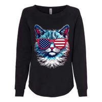 American Cat Patriotic Sunglasses Usa Flag 4th Of July Cat Graphic Womens California Wash Sweatshirt