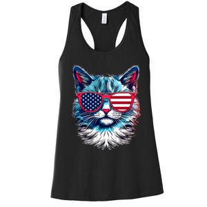 American Cat Patriotic Sunglasses Usa Flag 4th Of July Cat Graphic Women's Racerback Tank