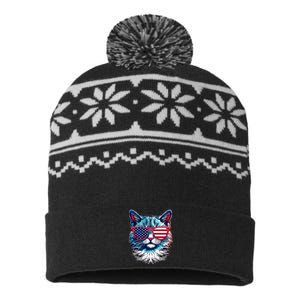 American Cat Patriotic Sunglasses Usa Flag 4th Of July Cat Graphic USA-Made Snowflake Beanie