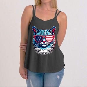 American Cat Patriotic Sunglasses Usa Flag 4th Of July Cat Graphic Women's Strappy Tank