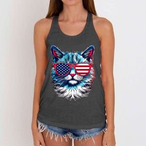 American Cat Patriotic Sunglasses Usa Flag 4th Of July Cat Graphic Women's Knotted Racerback Tank