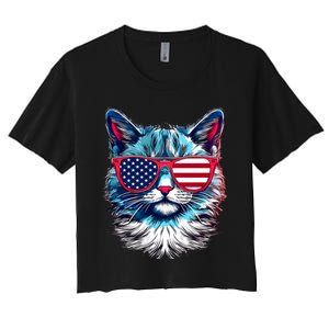 American Cat Patriotic Sunglasses Usa Flag 4th Of July Cat Graphic Women's Crop Top Tee