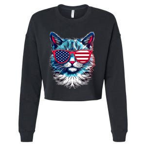 American Cat Patriotic Sunglasses Usa Flag 4th Of July Cat Graphic Cropped Pullover Crew