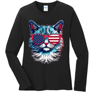 American Cat Patriotic Sunglasses Usa Flag 4th Of July Cat Graphic Ladies Long Sleeve Shirt