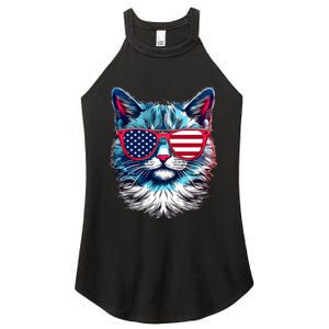 American Cat Patriotic Sunglasses Usa Flag 4th Of July Cat Graphic Women's Perfect Tri Rocker Tank