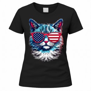 American Cat Patriotic Sunglasses Usa Flag 4th Of July Cat Graphic Women's T-Shirt